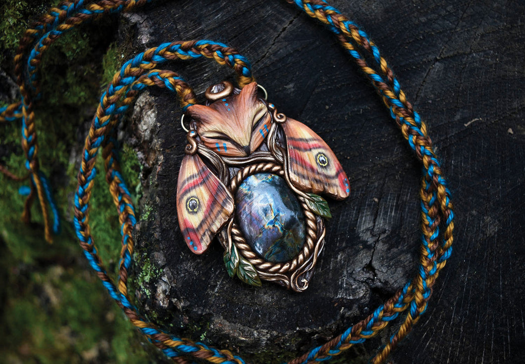 Horned Owl Emperor Moth Forest Spirit with Labradorite Necklace