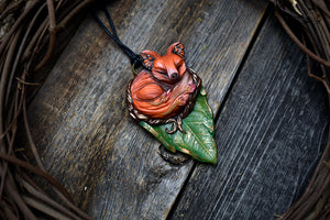 Sleeping Monarch Butterfly Fox on Leaf Necklace