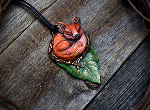 Sleeping Monarch Butterfly Fox on Leaf Necklace