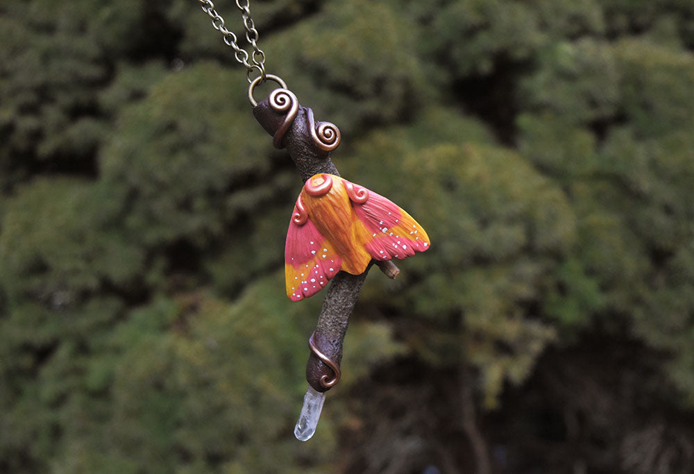Rosy Maple Moth Twig Necklace - With Quartz