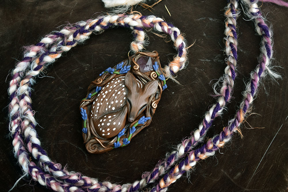 Sleeping Fawn in Lavender with Amethyst Necklace