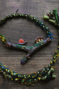 Snail and Mushrooms Mossy Twig Necklace - With Amethyst