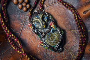 Great Grey Owl Forest Spirit with Ammonite Necklace