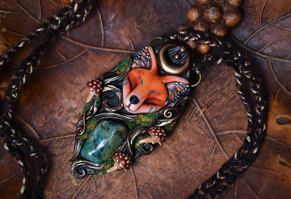 Fox Monarch Butterfly Forest Spirit with Chrysocolla Necklace