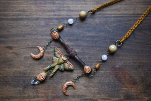 Dreamy Luna Moth Necklace - With Quartz and Rose Quartz