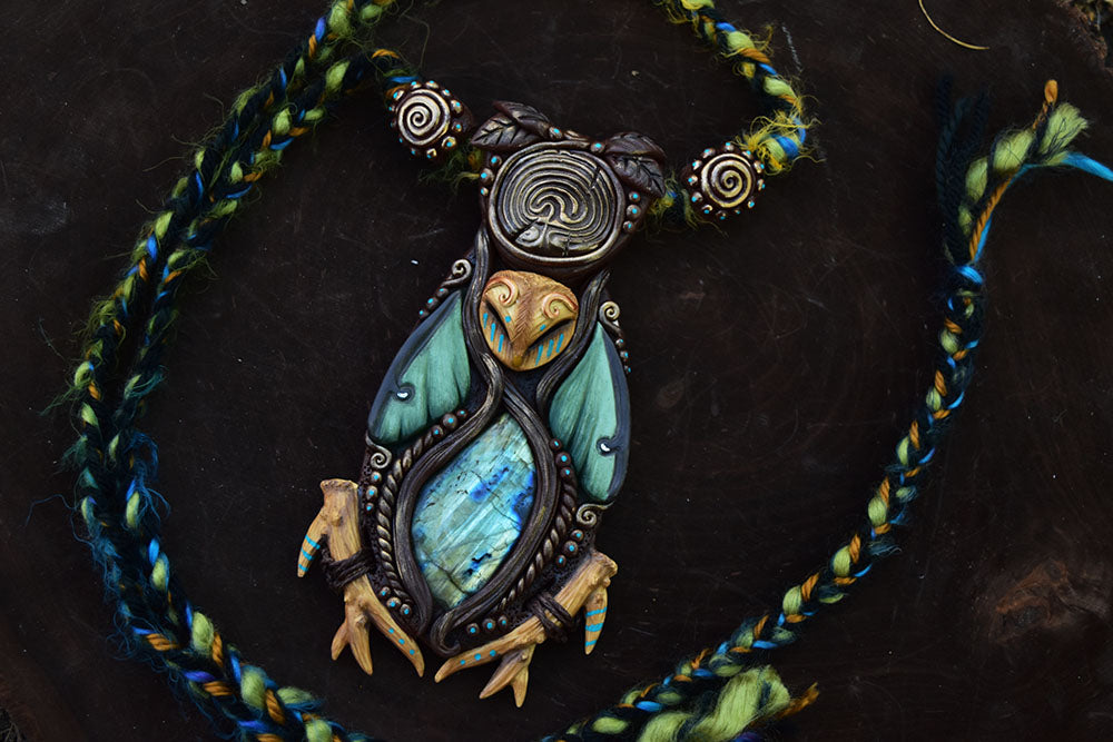Barn Owl with Labradorite Labyrinth Necklace