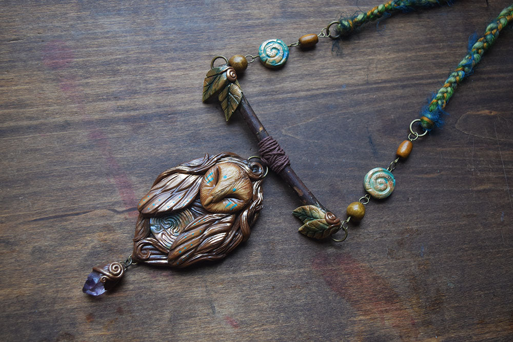 Earthy Owl Necklace - With Amethyst