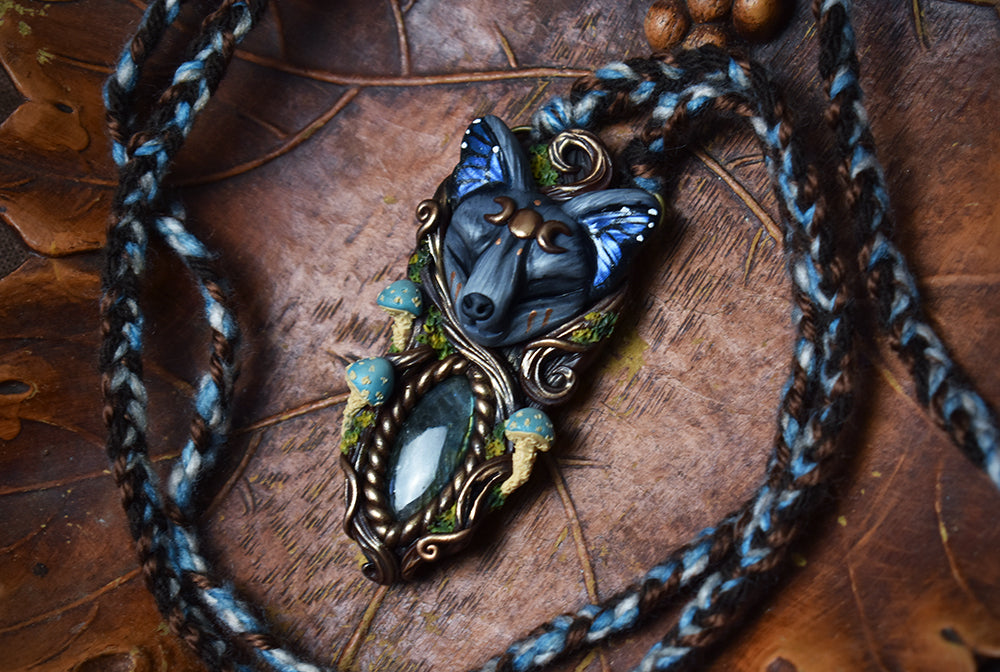 Wolf Blue Morpho ButterflyForest Spirit with Labradorite Necklace