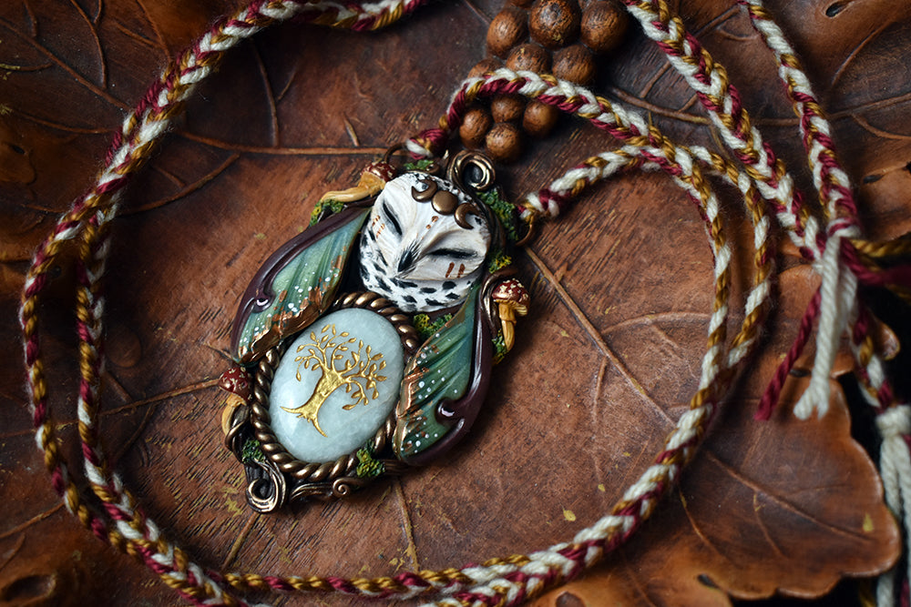 Snowy Owl Forest Spirit with Tree Carved Amazonite Necklace