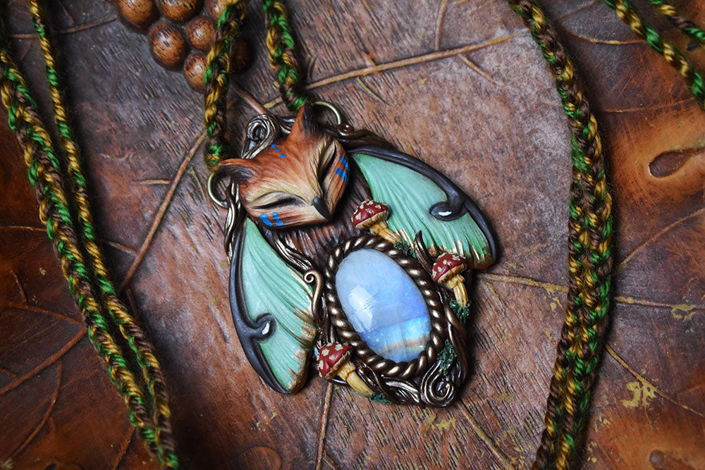 Horned Owl Luna Moth Forest Spirit with Moonstone Necklace