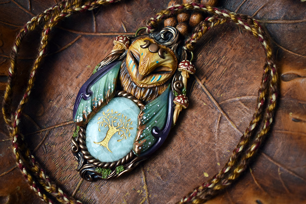 Barn Owl Forest Spirit with Tree Carved Amazonite Necklace