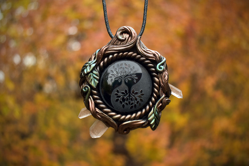 Tree Etched Obsidian with Quartz Necklace