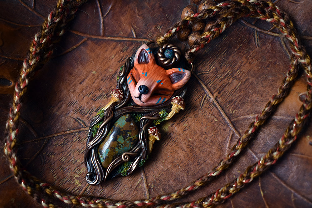 Fox Forest Spirit with Turquoise and Azurite Necklace