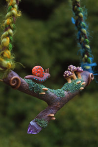 Snail and Mushrooms Mossy Twig Necklace - With Amethyst