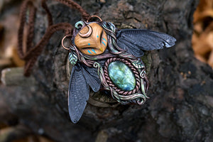 Copper Ashes x MothMagick - Barn Owl with Copper Cicada Wings & Labradorite Necklace