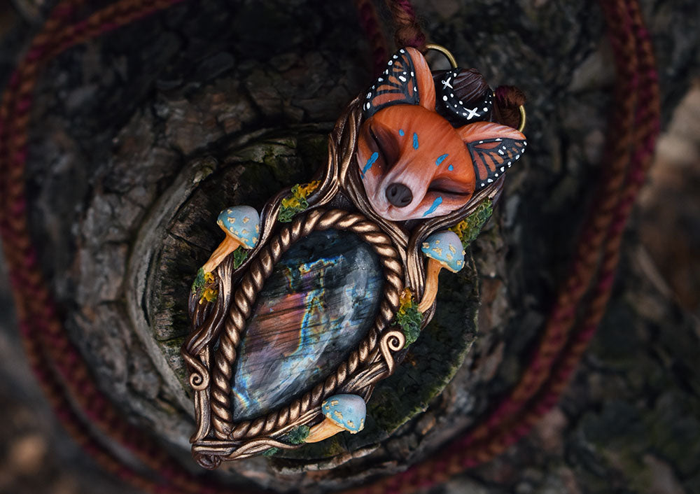 Fox Monarch Butterfly Forest Spirit with Labradorite Necklace