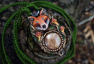 Fox Monarch Butterfly Forest Spirit with Sunstone Necklace
