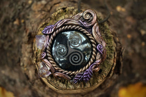 Triskelion Etched Obsidian with Amethyst Necklace