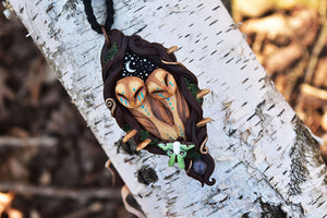 Owl Duo Forest Necklace with Moss Agate