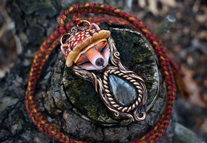 Mushroom Hat Fox with Labradorite Necklace
