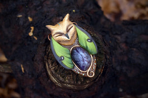 Horned Owl Luna Moth Spirit with Amethyst Necklace