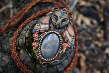 Great Grey Owl Emperor Moth Forest Spirit with Black Sunstone Necklace