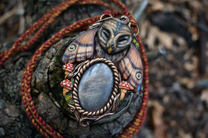Great Grey Owl Emperor Moth Forest Spirit with Black Sunstone Necklace