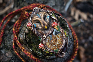 Great Grey Owl Forest Spirit with Ammonite Necklace