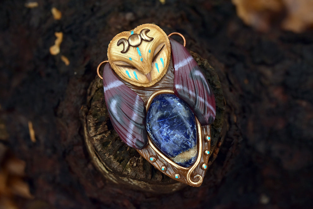 Barn Owl Luna Moth Spirit with Sodalite Necklace
