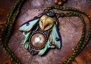 Barn Owl Luna Moth Forest Spirit with Sunstone Necklace