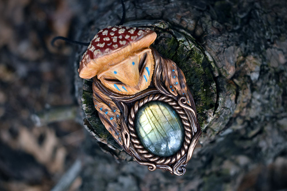 Mushroom Hat Barn Owl with Labradorite Necklace