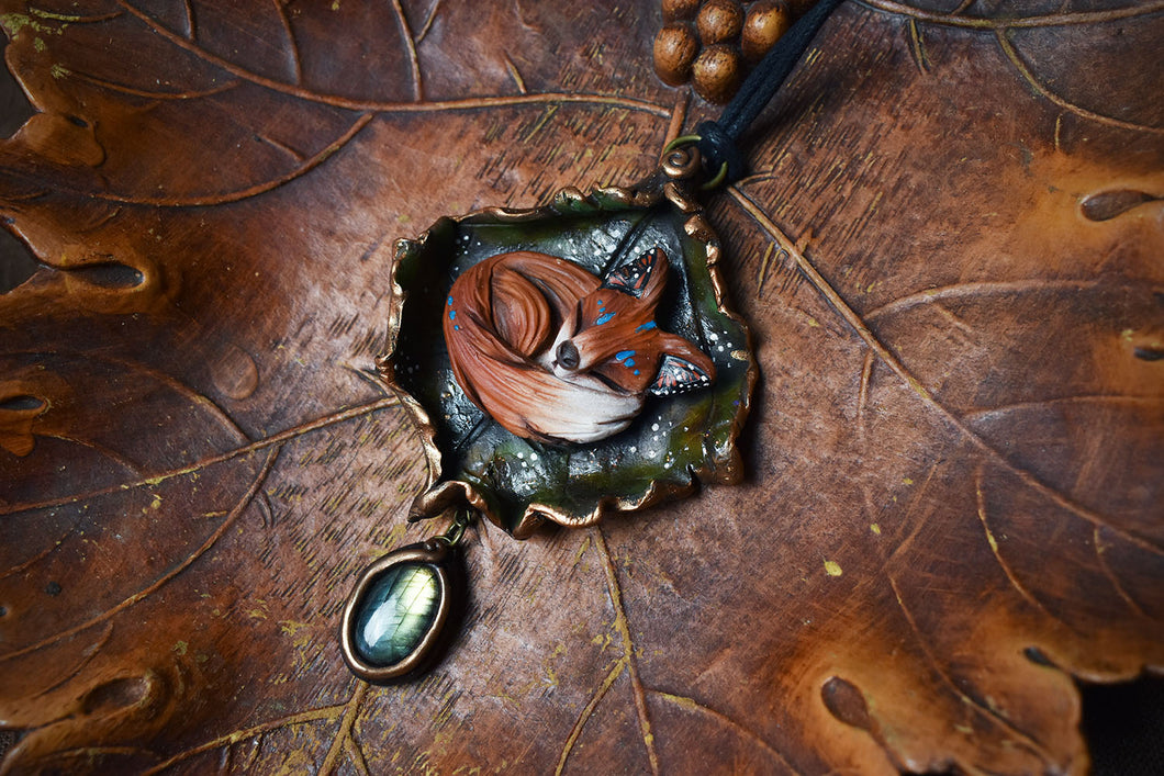 Sleeping Fox Butterfly Wing Spirit with Labradorite Necklace