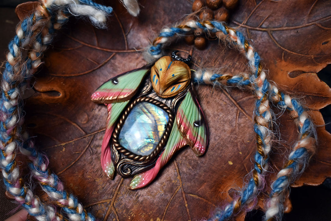Barn Owl Chinese Moon Moth Forest Spirit with Moonstone Necklace