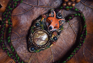 Fox Monarch Butterfly Forest Spirit with Sunstone and Azurite Necklace