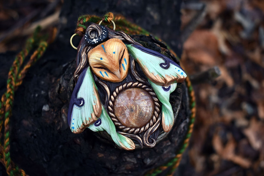 Barn Owl Luna Moth Forest Spirit with Sunstone Necklace