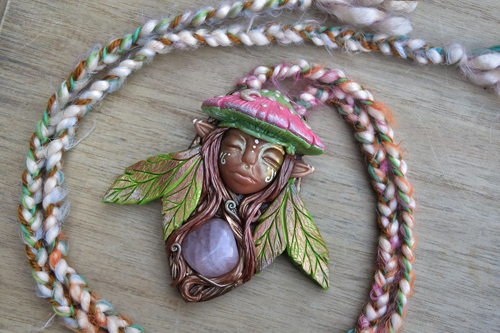 Mushroom Faerie with Rose Quartz Necklace