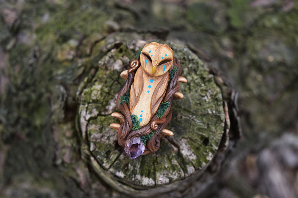 Woodland Owl Dread Bead with Amethyst - 10mm diameter hole