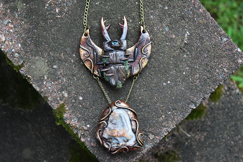 Forest Stag Beetle with Chalcedony Necklace
