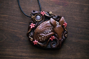 Sleeping Fawn in Sakura Flowers with Rose Quartz Necklace