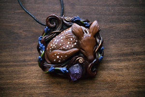 Sleeping Fawn in Lavender Flowers with Amethyst Necklace