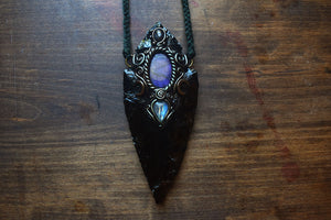 Extra Large Obsidian Arrowhead with Labradorite, Moonstone, and Iolite Sunstone - Heavy Statement Piece Necklace