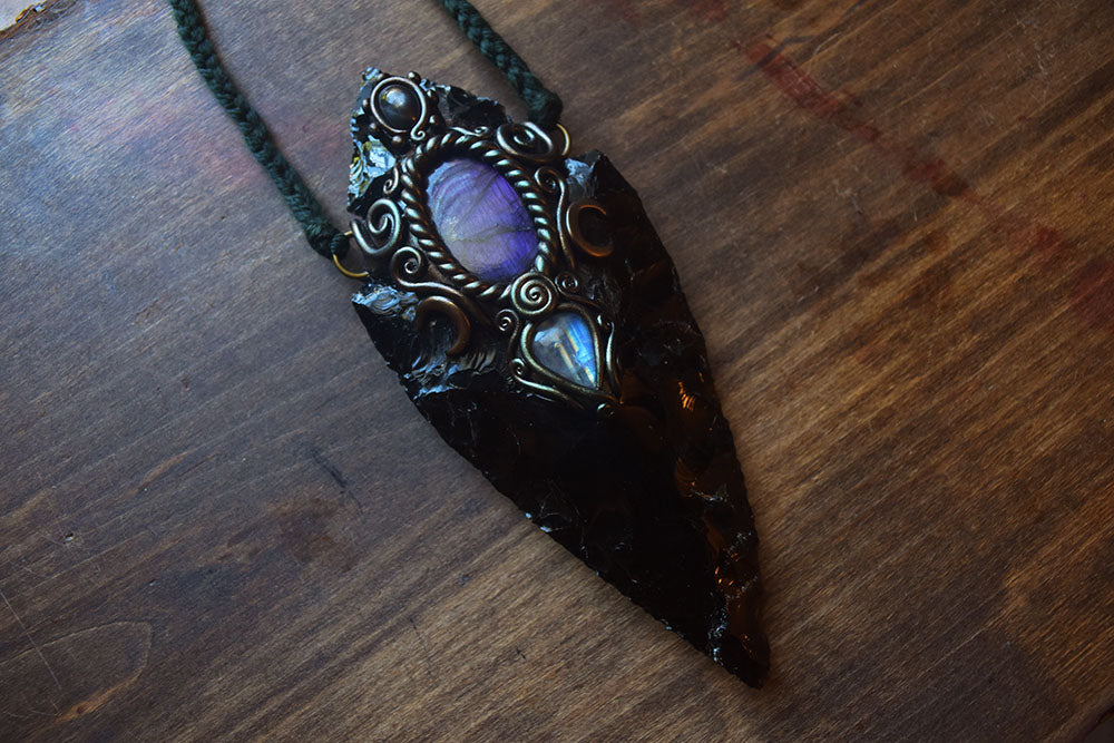 Extra Large Obsidian Arrowhead with Labradorite, Moonstone, and Iolite Sunstone - Heavy Statement Piece Necklace