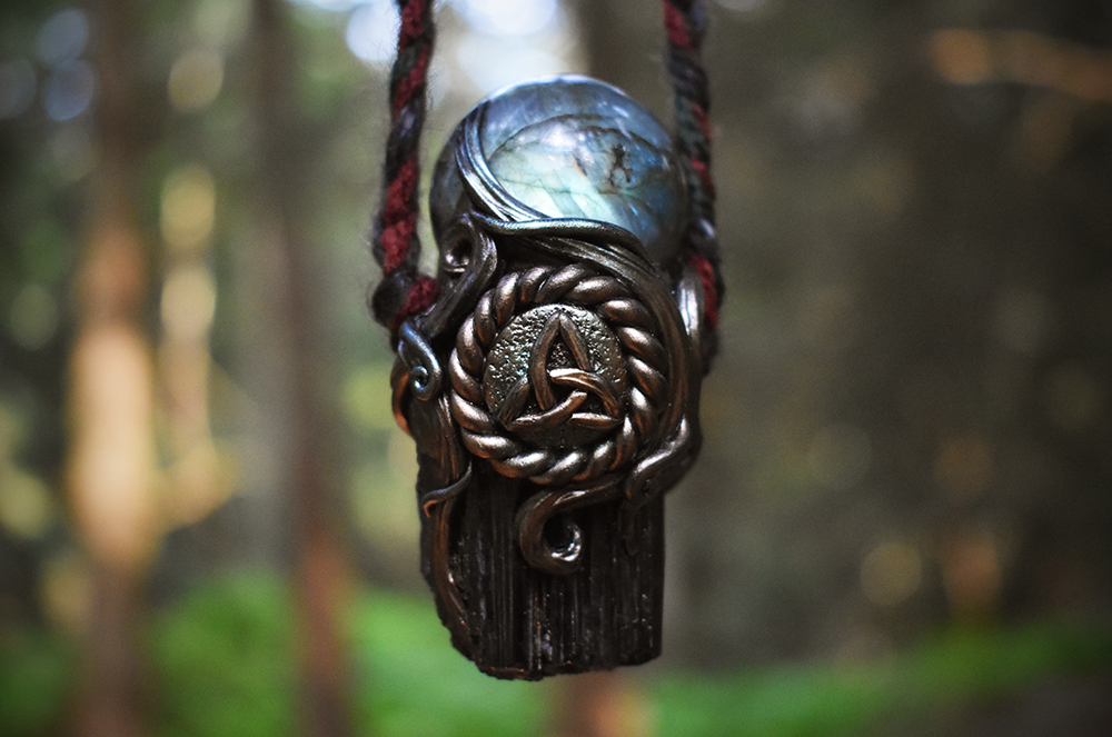 Black Tourmaline with Labradorite Sphere Triquetra Necklace