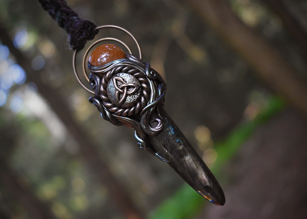 Labradorite Wand with Rutilated Quartz Sphere Triquetra Necklace