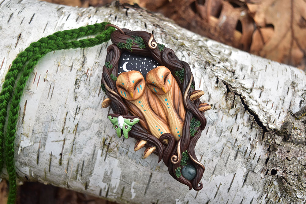 Owl Duo Forest Necklace with Moss Agate