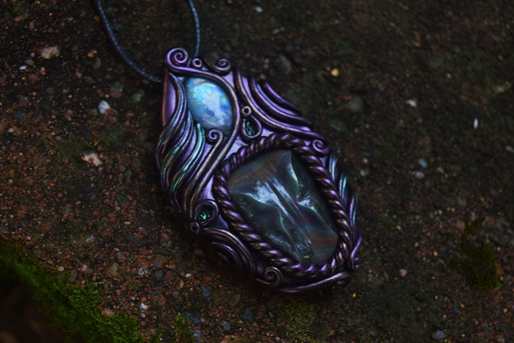 Carved Rainbow Obsidian Butterfly with Moonstone Necklace