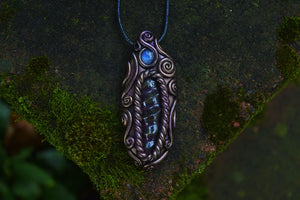 Carved Rainbow Obsidian with Moonstone Necklace