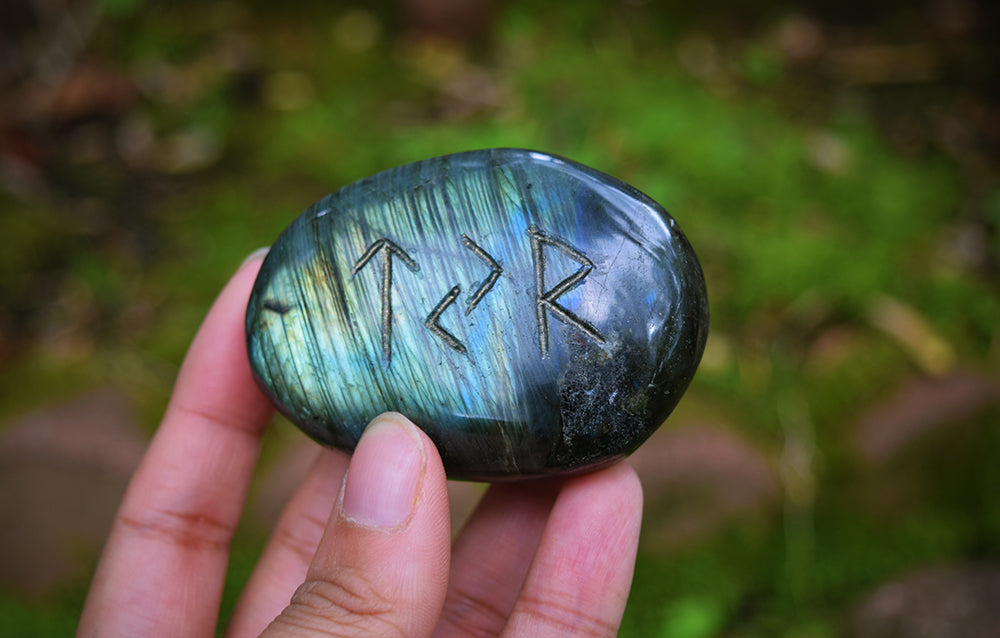 TYR - Rune Carved Labradorite Palm Stone