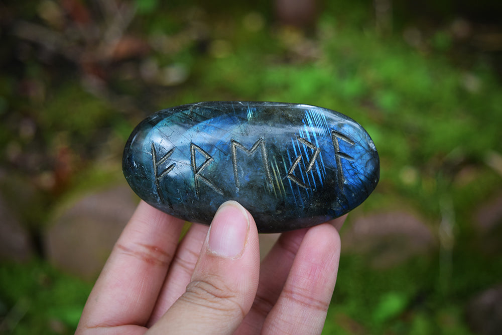 FREYJA - Rune Carved Labradorite Palm Stone